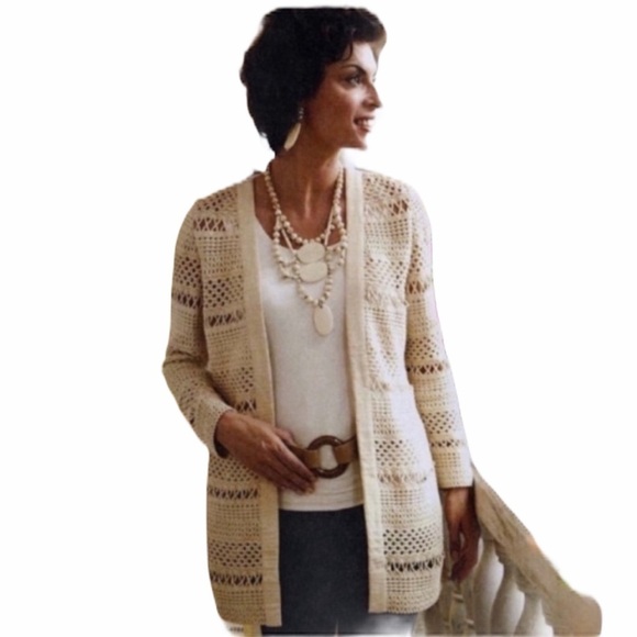Chico’s Wheat & Cream Macrame Crochet Open Front Soft Spring Cardigan Size Large - Picture 1 of 7